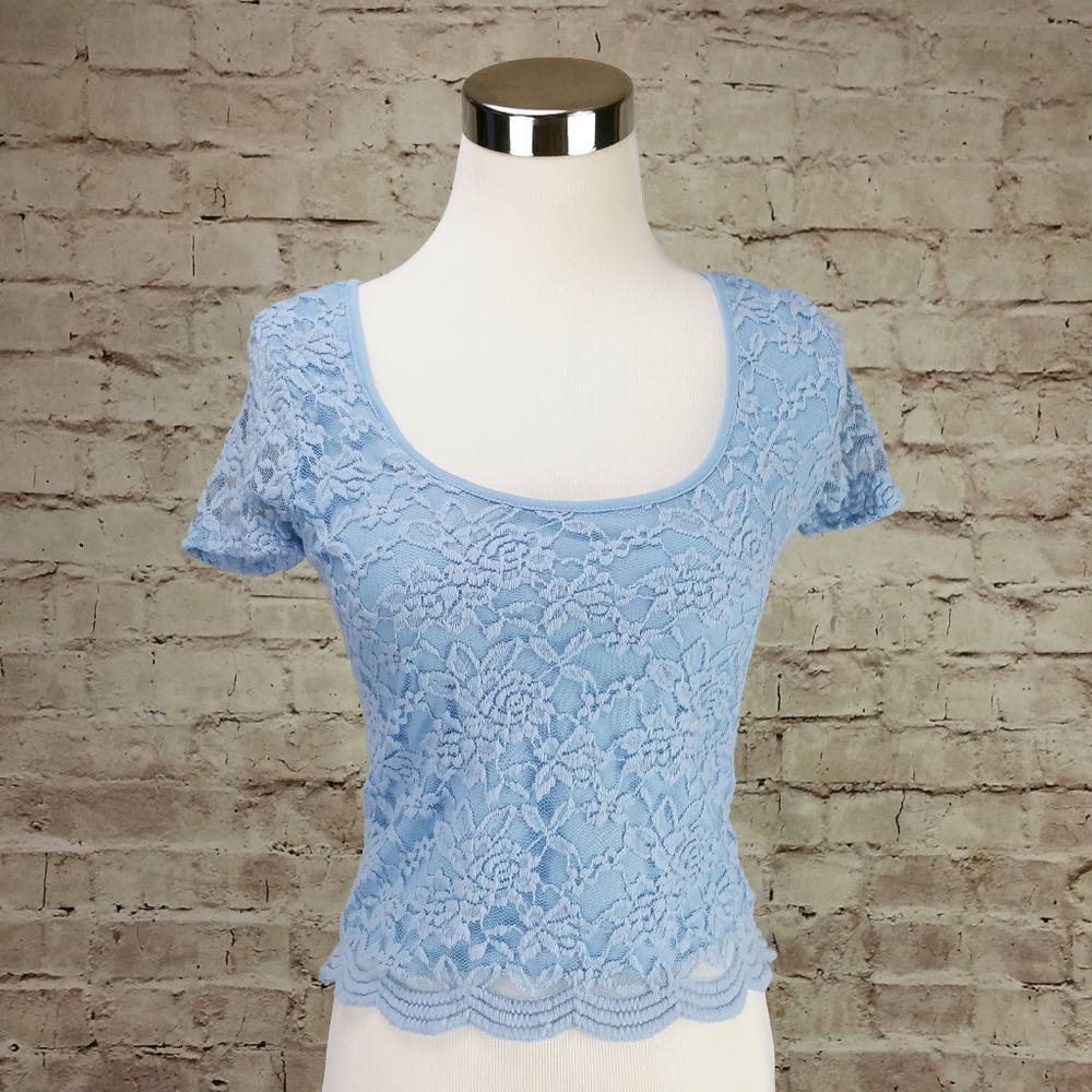 Rue21 Juniors M Blue Floral Lace Blouse Knit Top